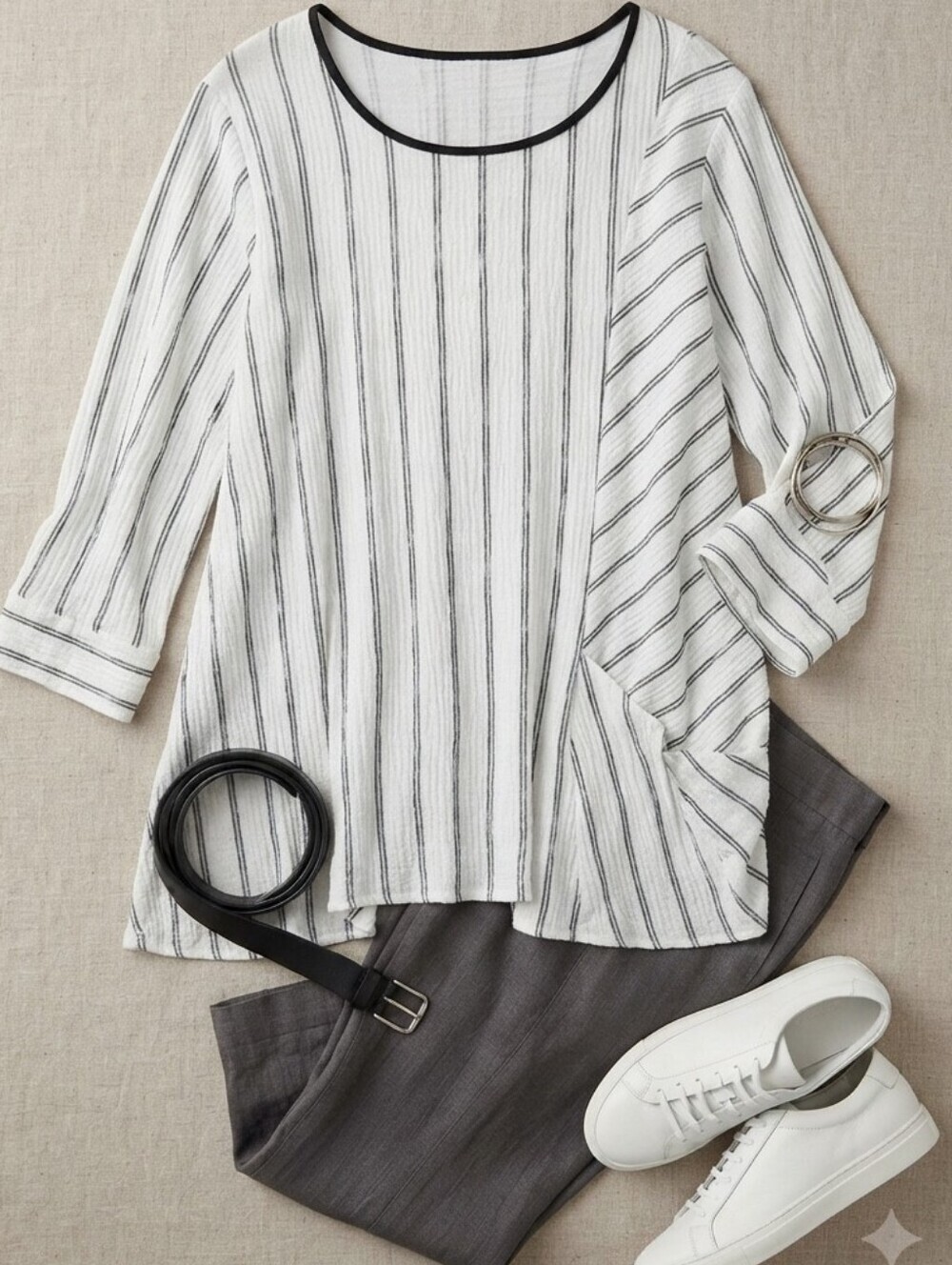 Ali Miles White Black Stripe Long Sleeve Tunic Blouse Top